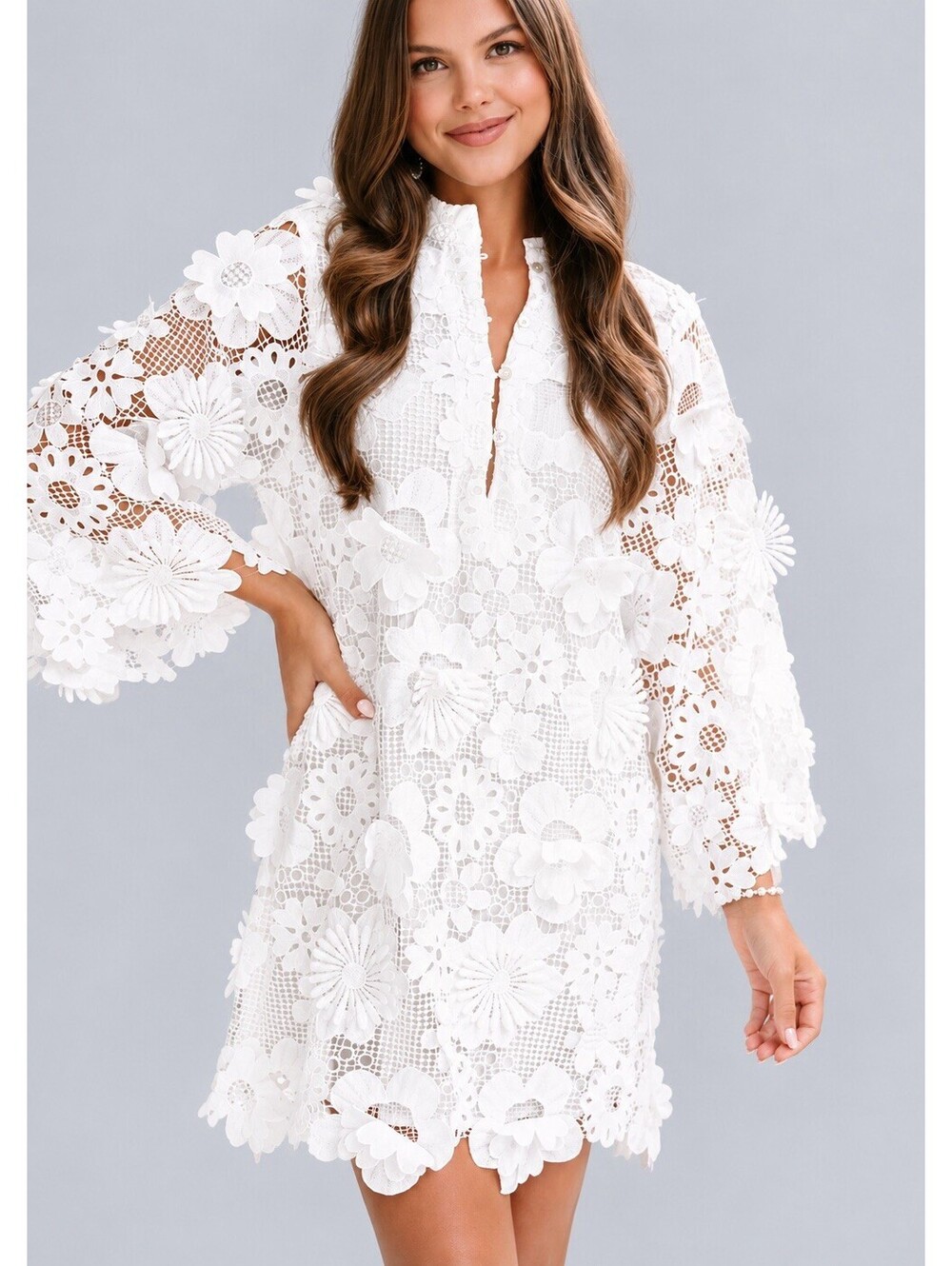 J. Marie Women’s White Floral Lace 3D Applique Mini Dress Size L 3/4 Sleeve